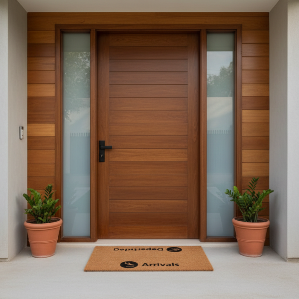 Modern wooden front door with glass panels and two potted plants on a white doorstep.