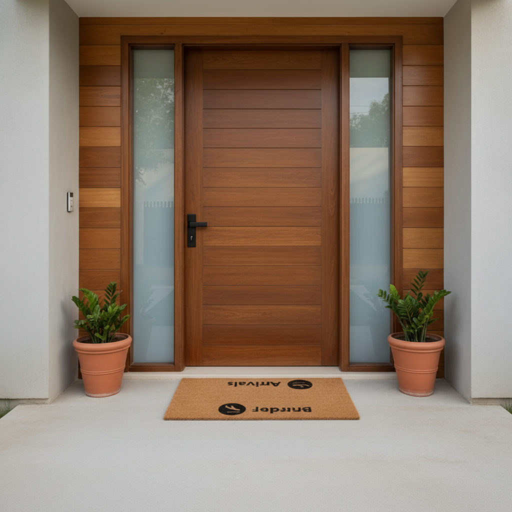 Modern wooden front door with glass panels and two potted plants on a white doorstep.