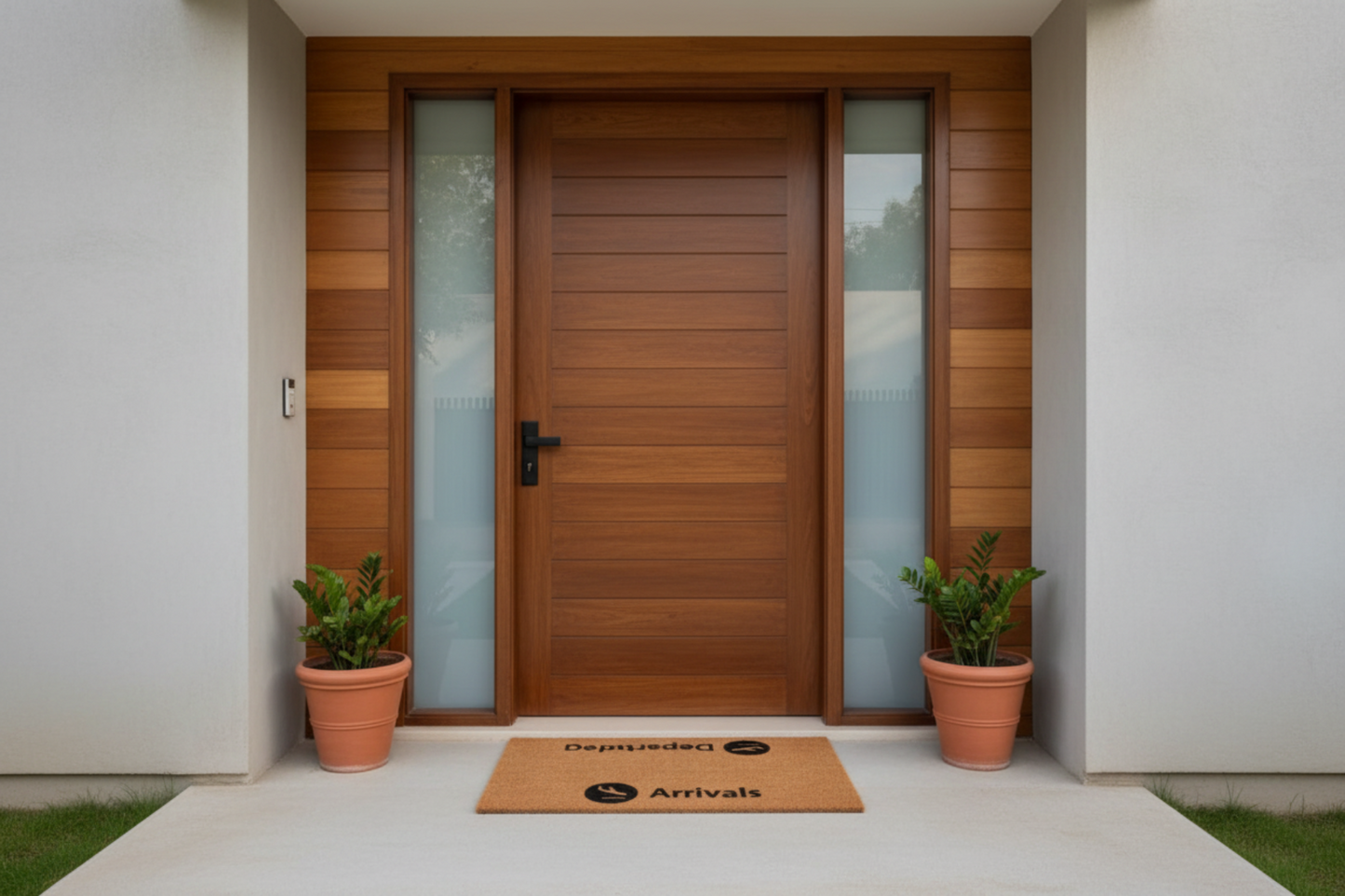 Modern wooden front door with glass panels and two potted plants on a white doorstep.