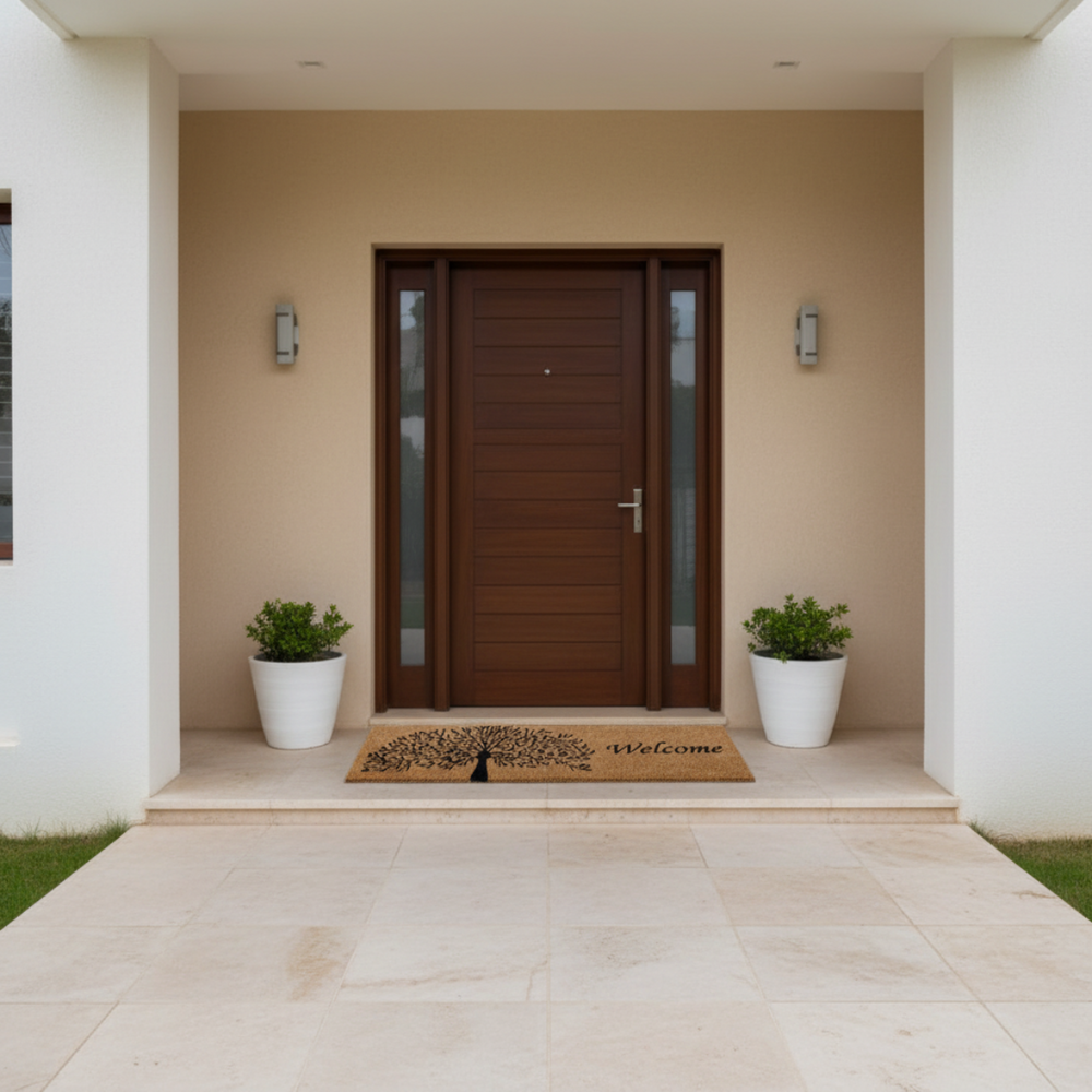Modern front door of a house with a welcome coir mat and potted plants.