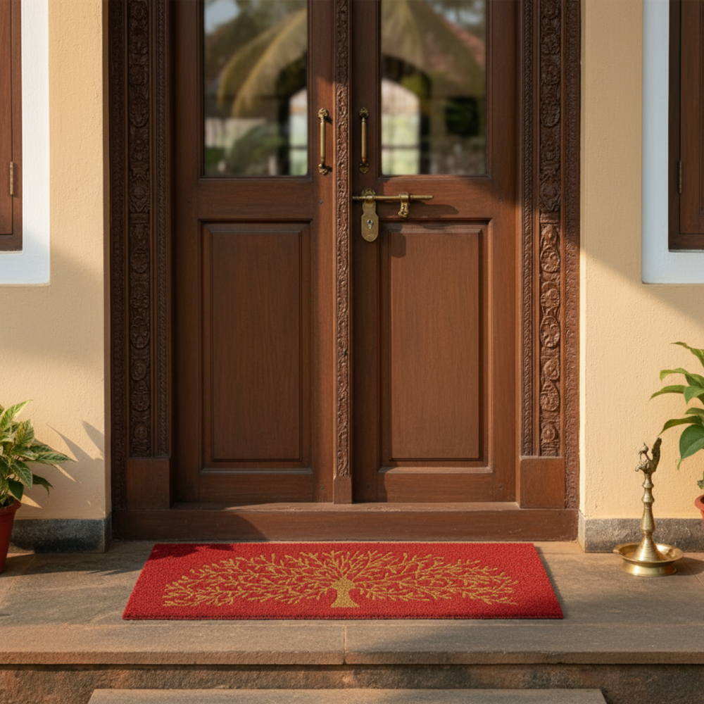 
                      
                        Wooden door with a red coir doormat featuring a tree design on a stone porch.
                      
                    