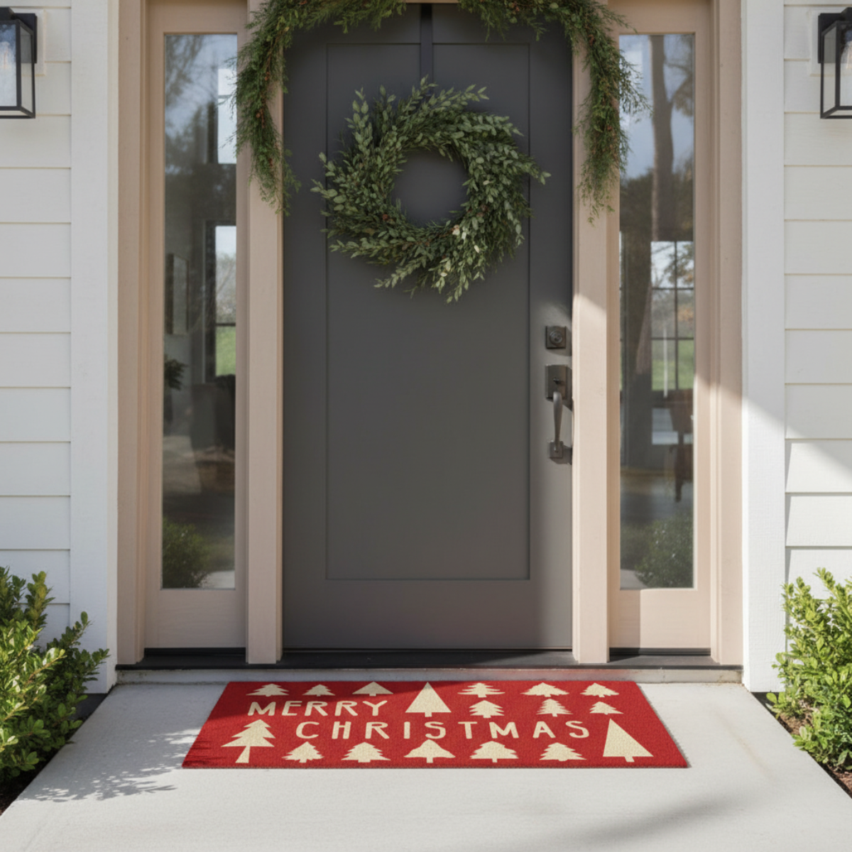 Front door with a wreath and a 'Merry Christmas' mat on a white porch.