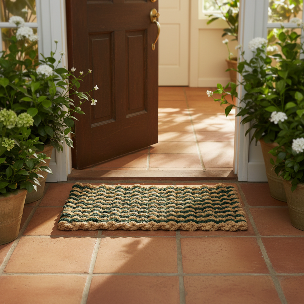 OnlyMat Handloom Nautical Coir Rope Mat in green and natural dual-tone, placed on an outdoor porch with potted plants and warm sunlight