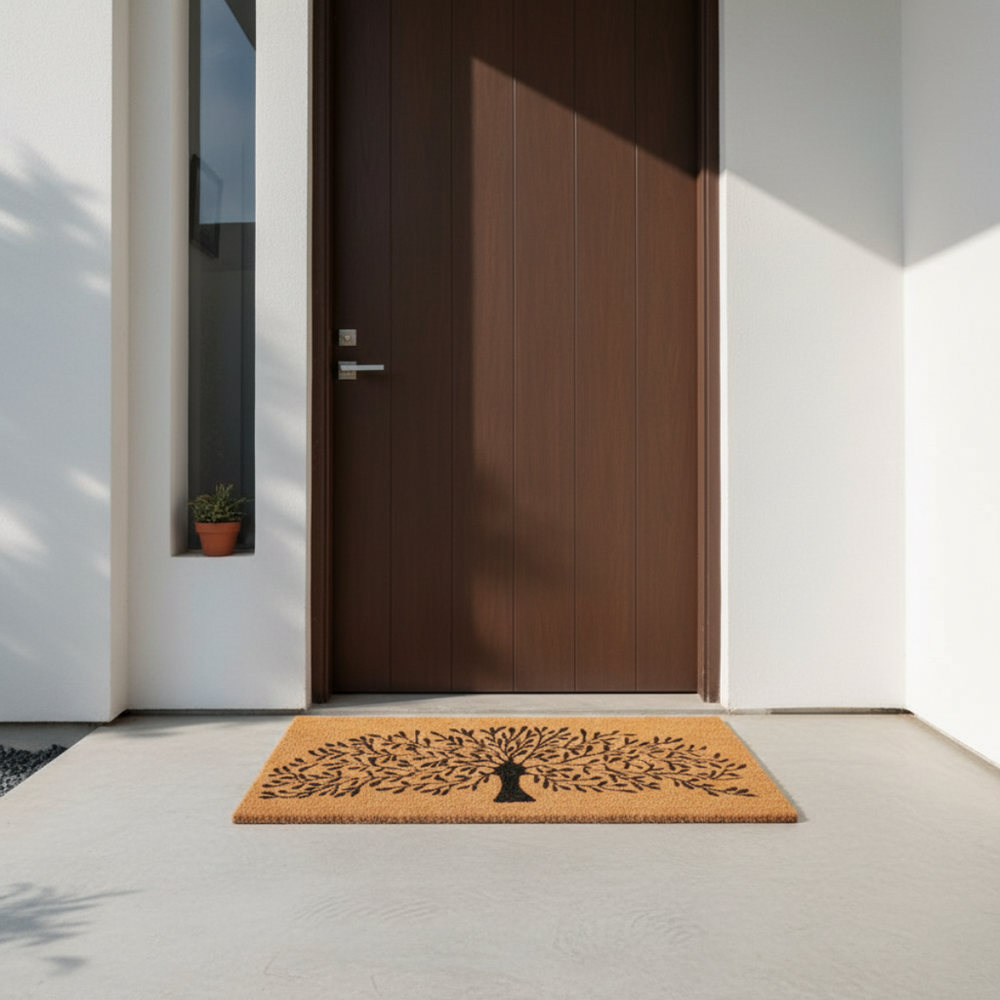 Coir Doormat with tree design in front of a modern wooden door