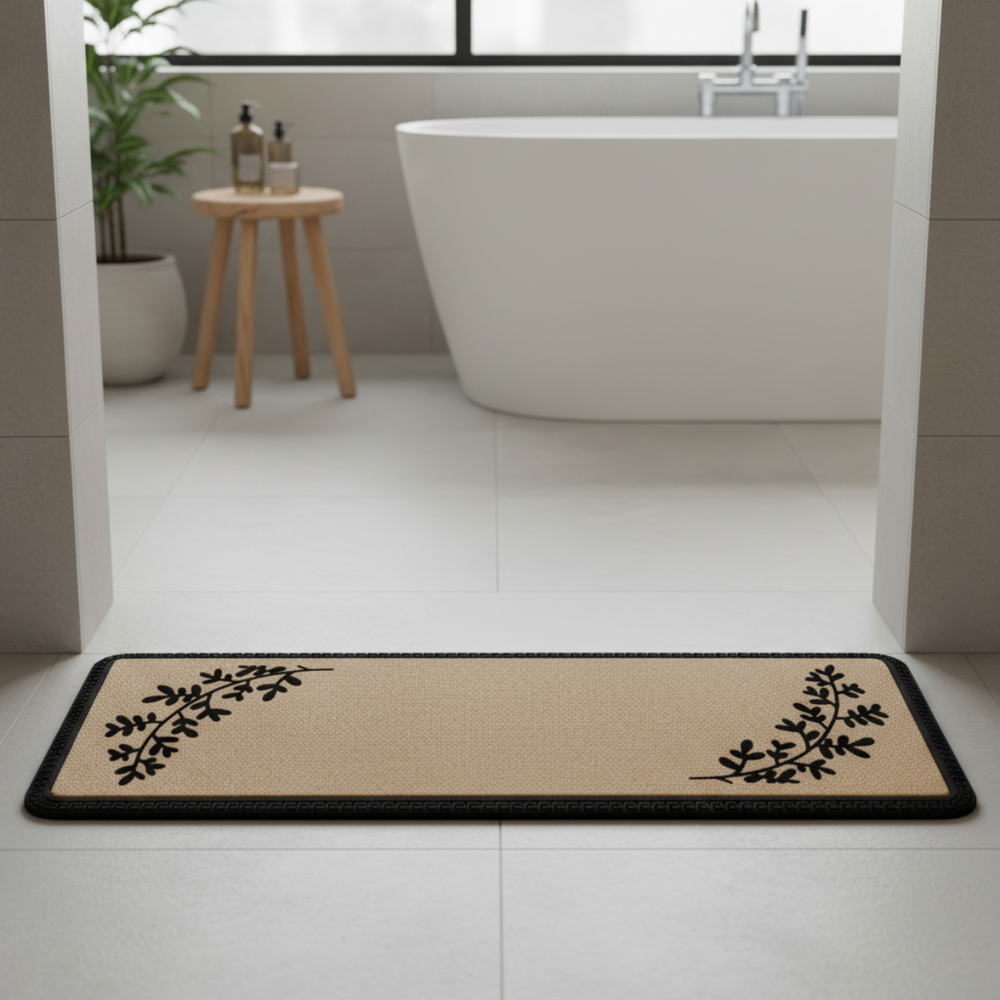 Beige bath mat with black leaf design on a bathroom entrance.