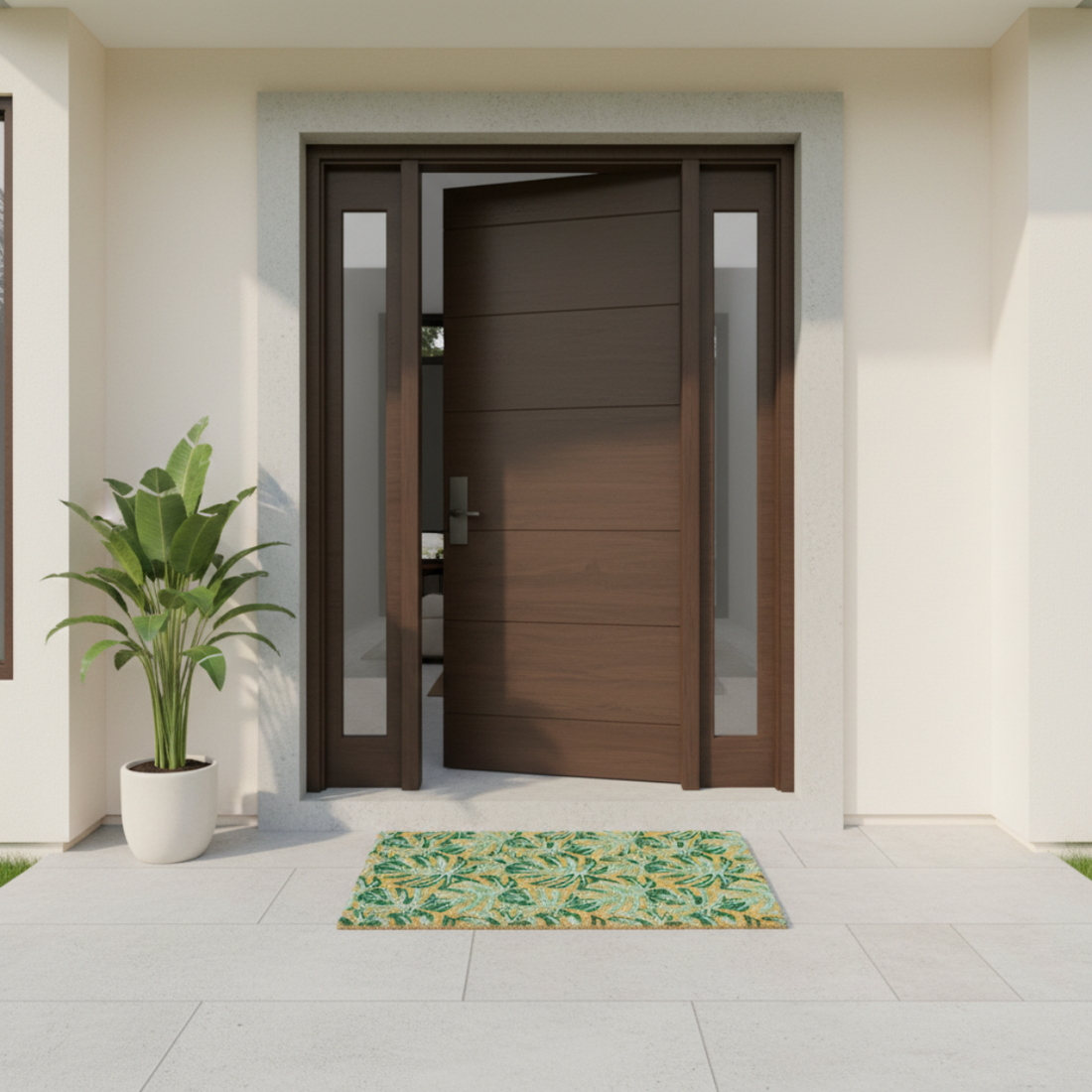 Modern wooden door with a plant and coir doormat on a light-colored floor