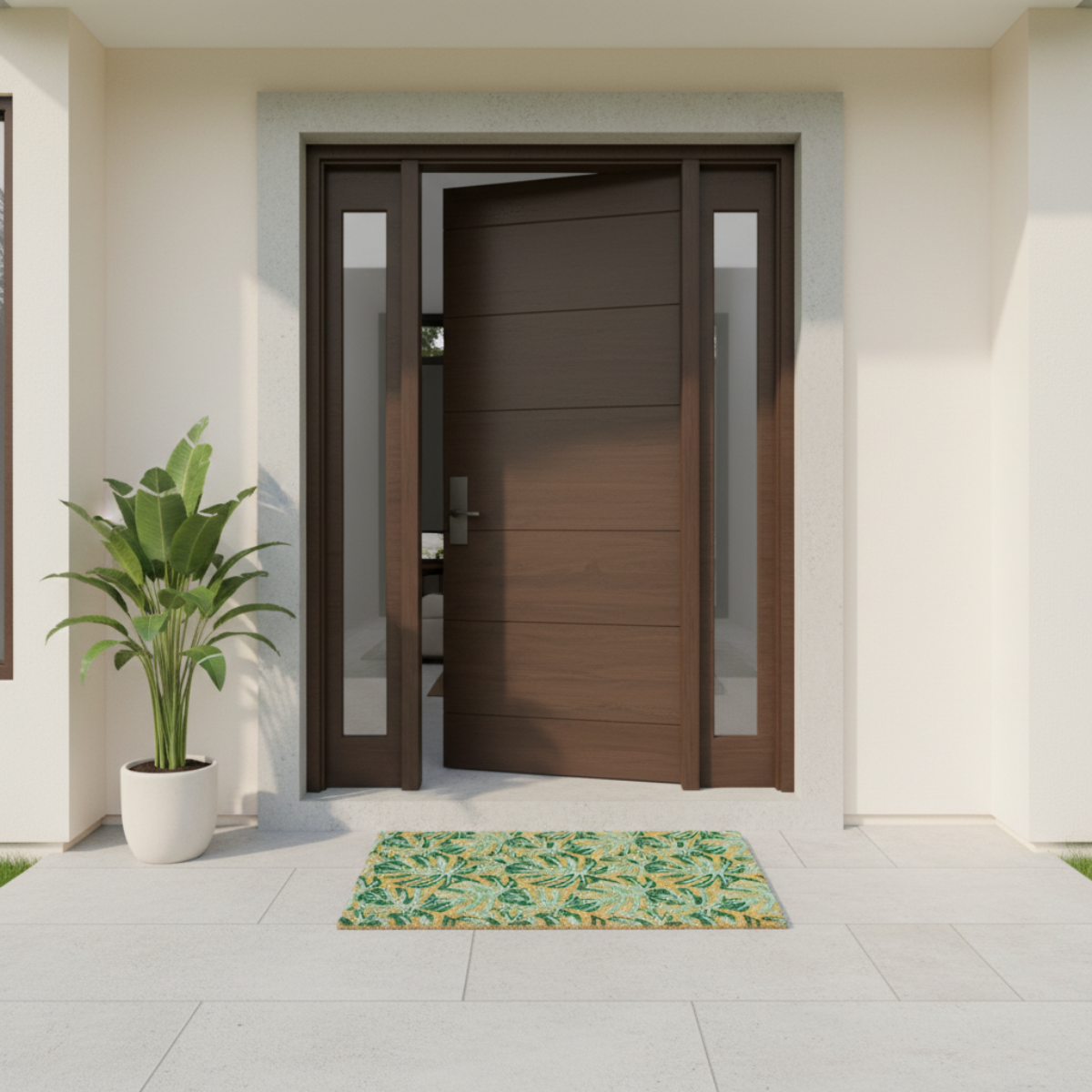 Modern wooden door with a plant and coir doormat on a light-colored floor