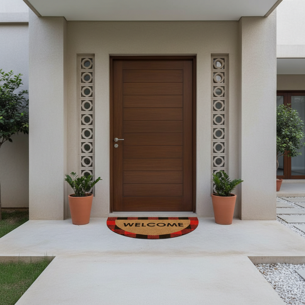 OnlyMat Half Round Buffalo Plaid Coir Mat with Anti-Slip Backing