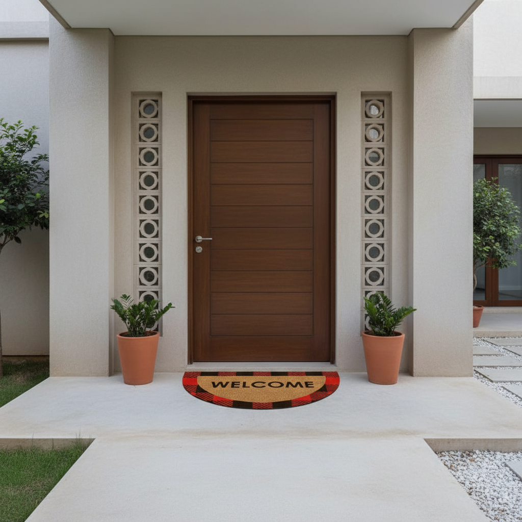 OnlyMat Half Round Buffalo Plaid Coir Mat with Anti-Slip Backing