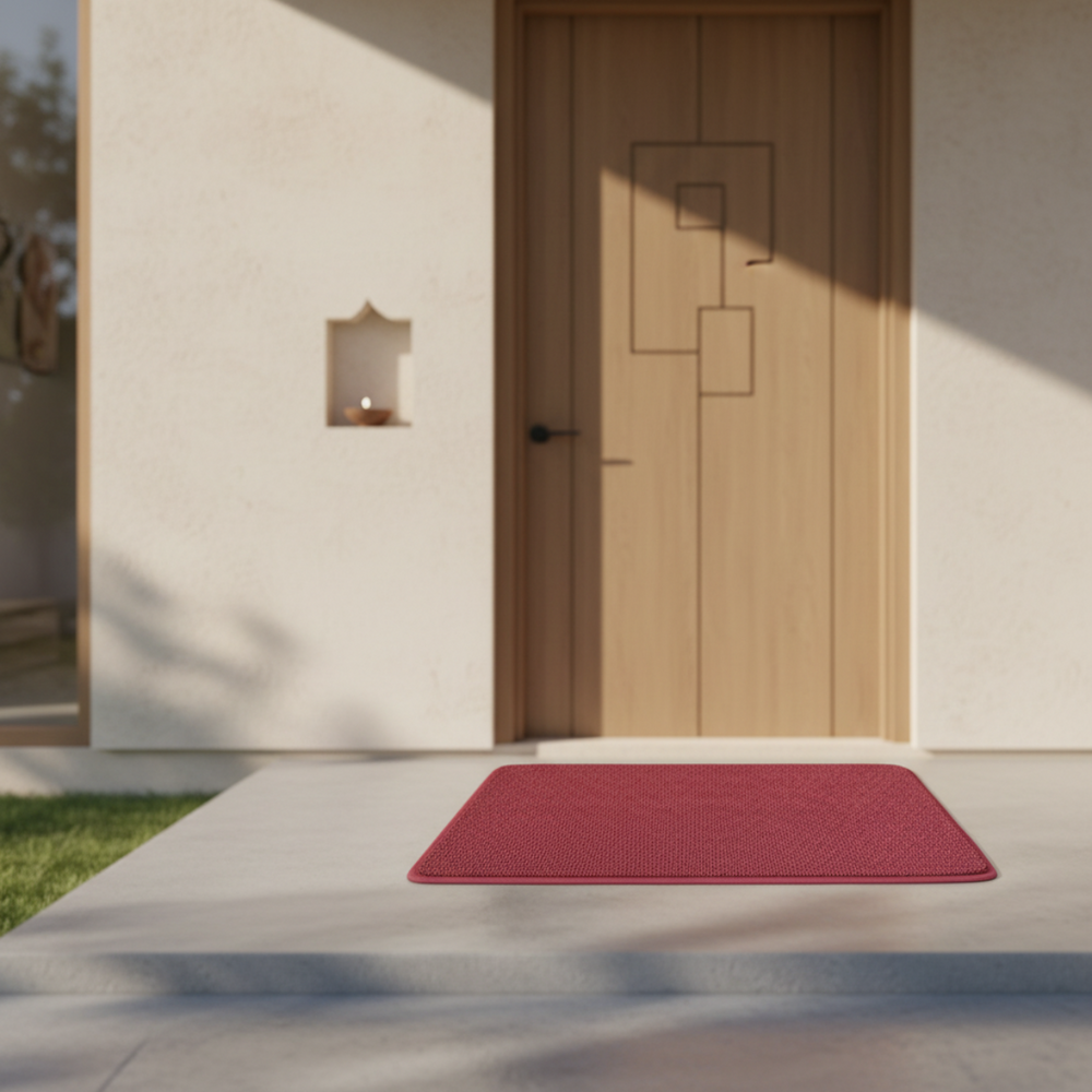 Red doormat in front of a wooden door on a concrete patio.