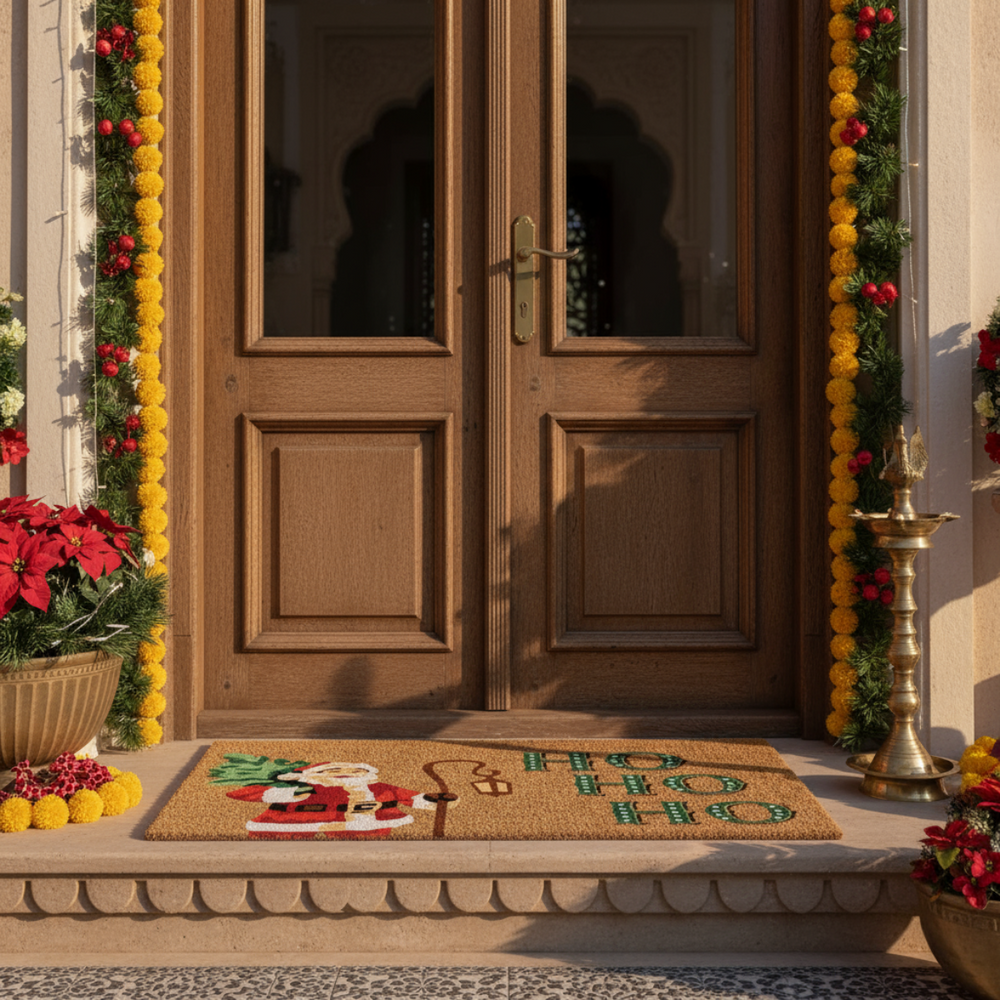 Decorative doormat with Christmas-themed design in front of a wooden door with floral decorations.