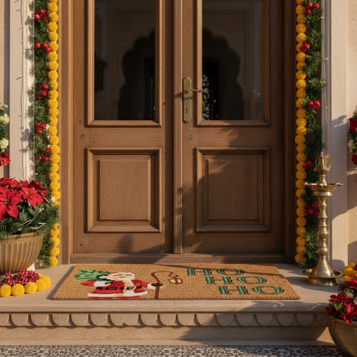 Decorative doormat with Christmas-themed design in front of a wooden door with floral decorations.