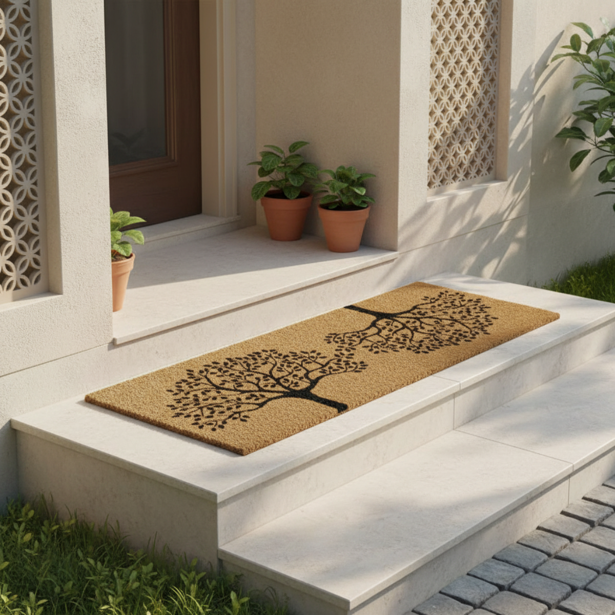 Coir Doormat with tree design on a white step outside a building with plants.
