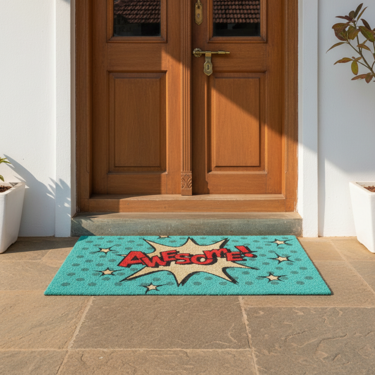 Turquoise colour coir doormat with 'Awesome!' design in front of a wooden door.