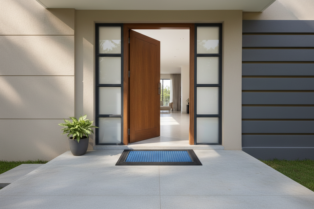 Modern house entrance with open wooden door