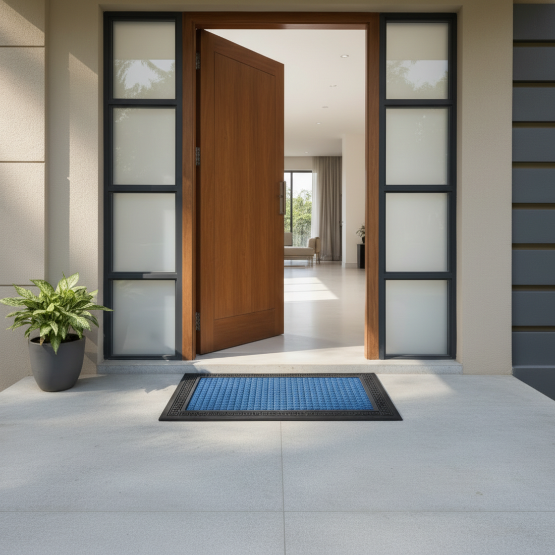 Modern house entrance with open wooden door