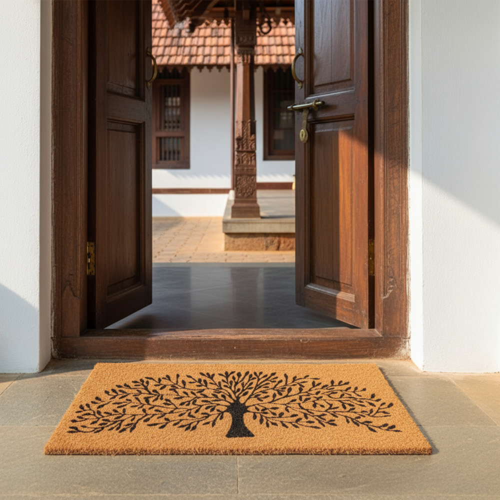 Coir Doormat with tree design in front of a house entrance
