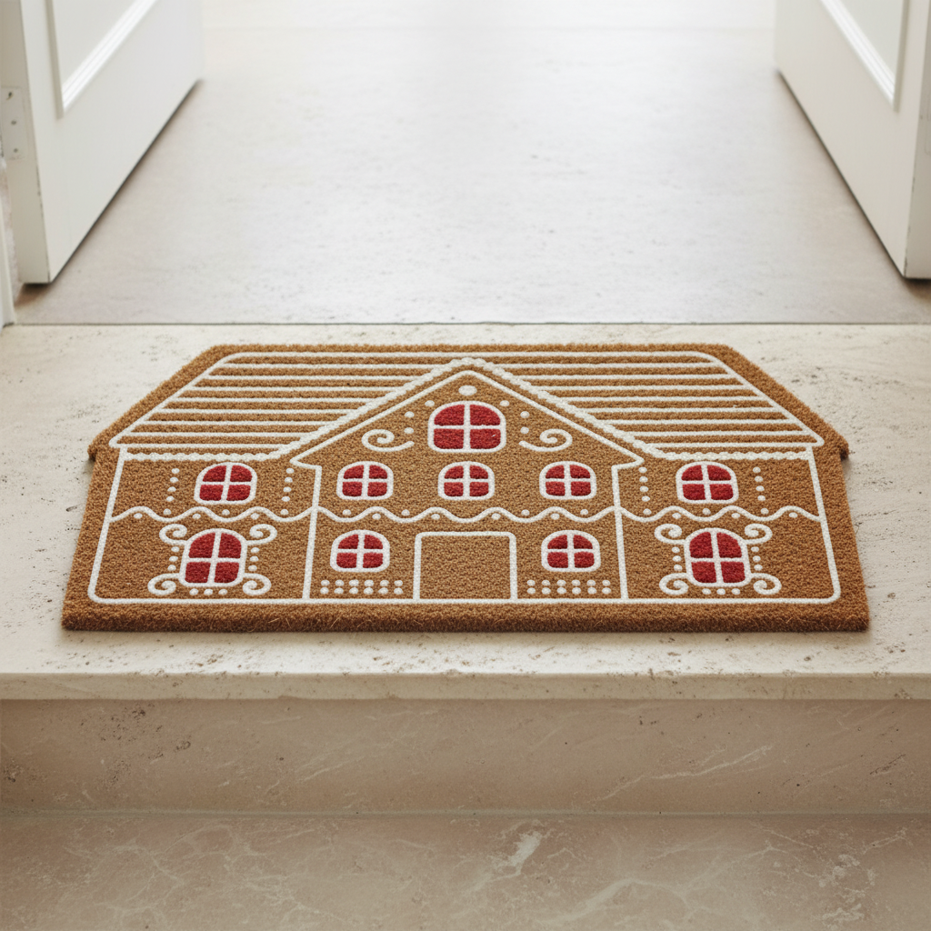 Gingerbread House Flocked Coir Doormat lifestyle shot on natural stone doorstep, soft daylight