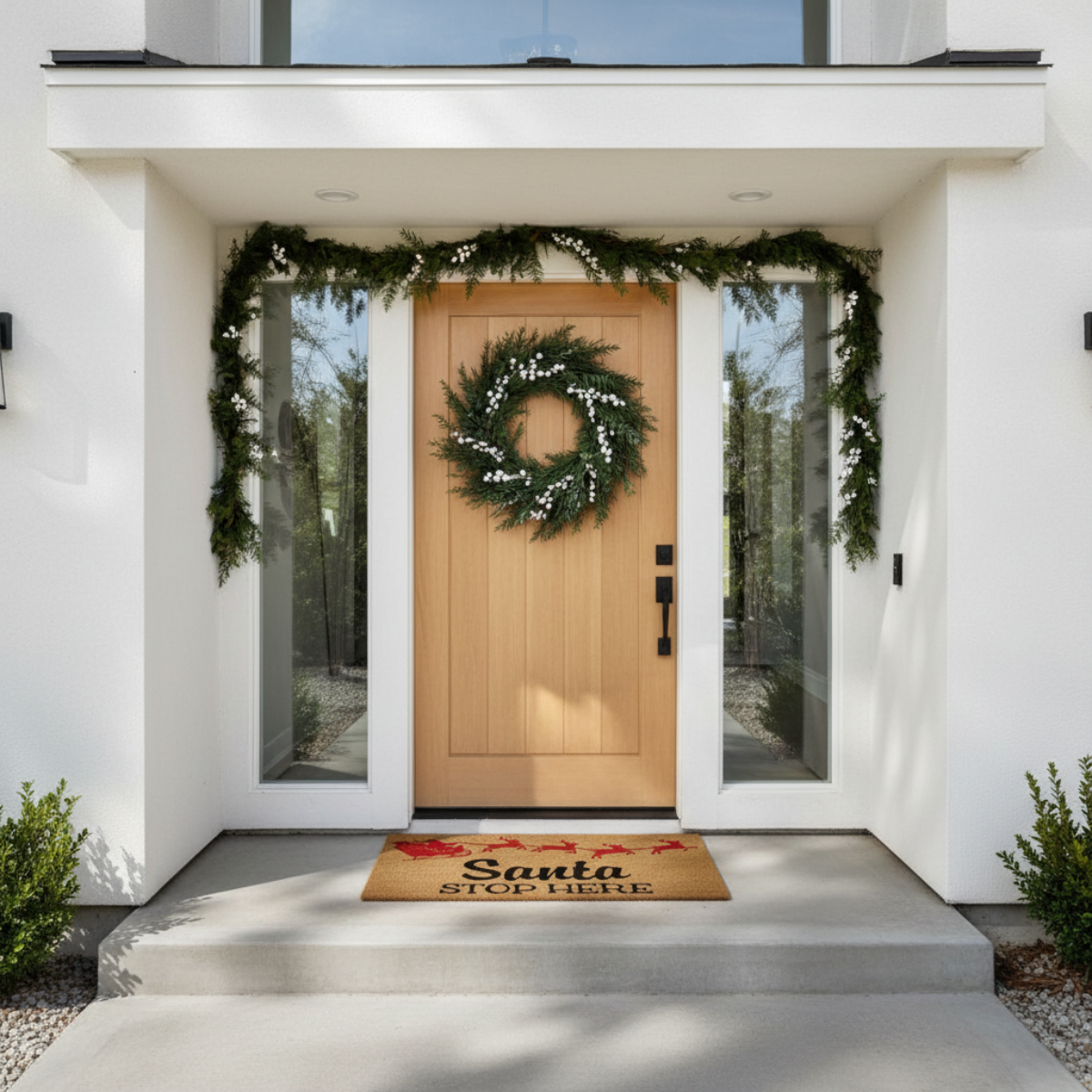 Front door of a house with a wreath and festive doormat, decorated for Christmas.