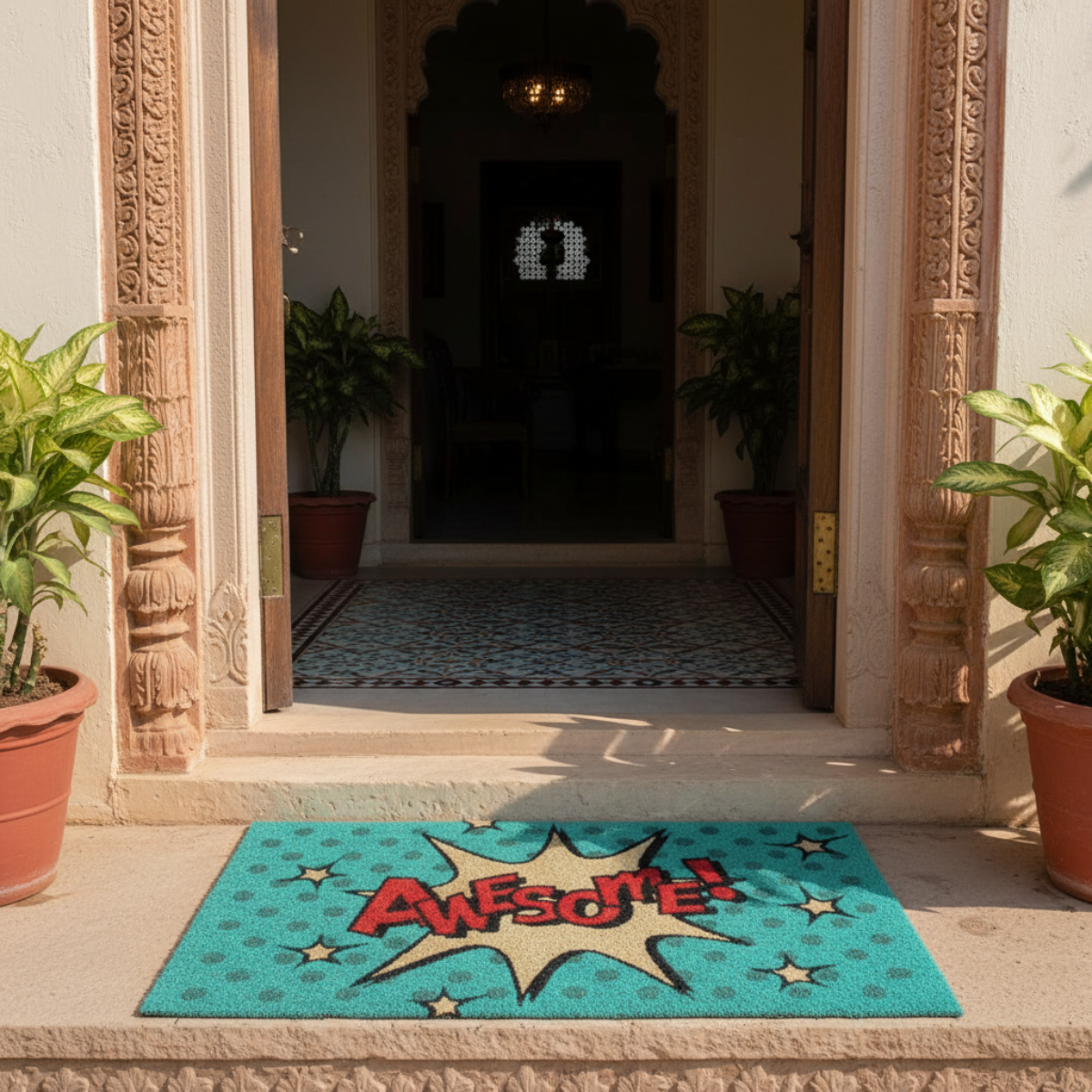 Decorative coir doormat with 'Awesome!' text in front of a house entrance.
