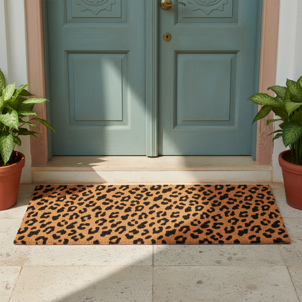 Leopard print coir doormat in front of a teal door with plants on either side.