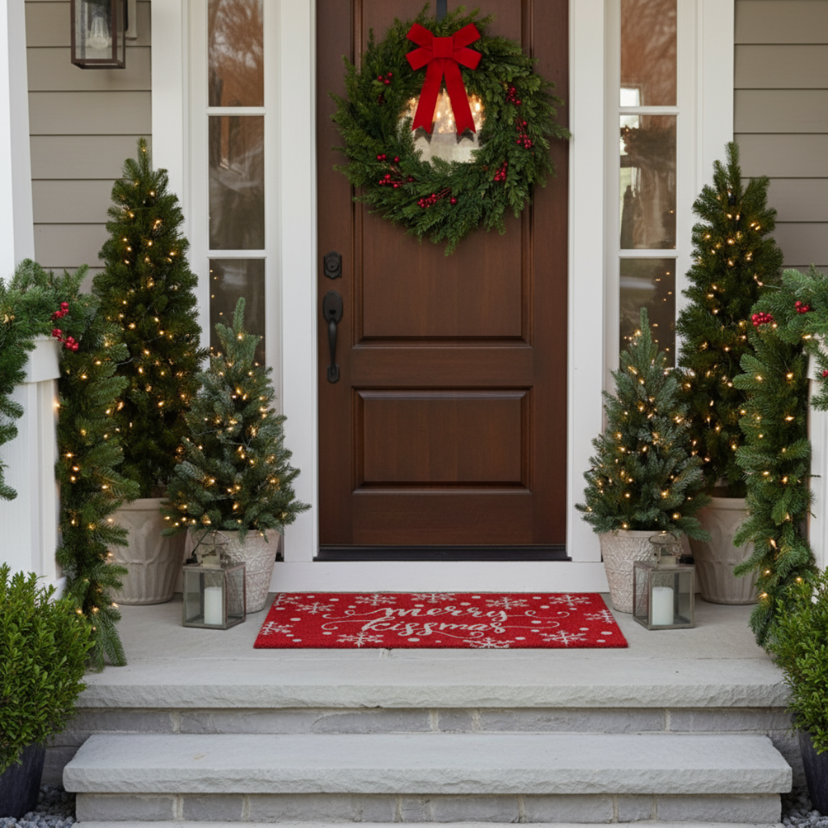 Front door of a house decorated for Christmas with wreath, trees, and mat.