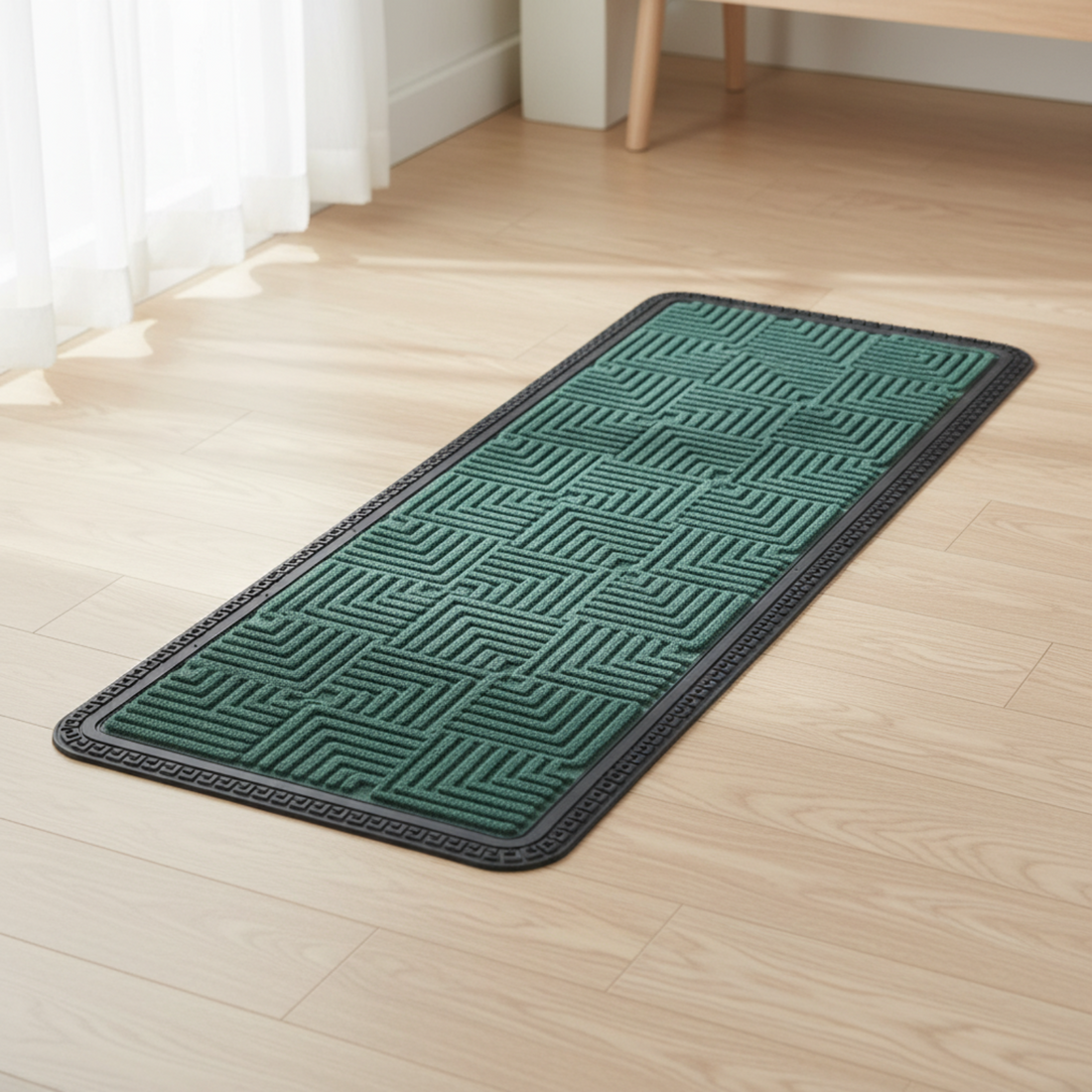 Lifestyle image of polypropylene geometric pattern runner mat on natural wood floor