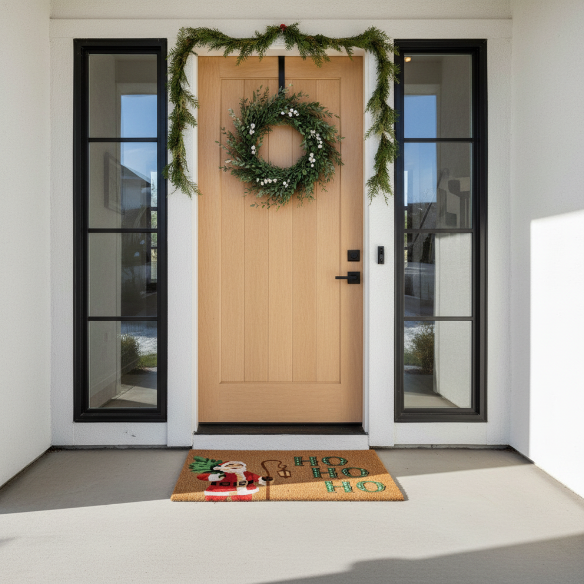 Front door of a house with a wreath and holiday doormat