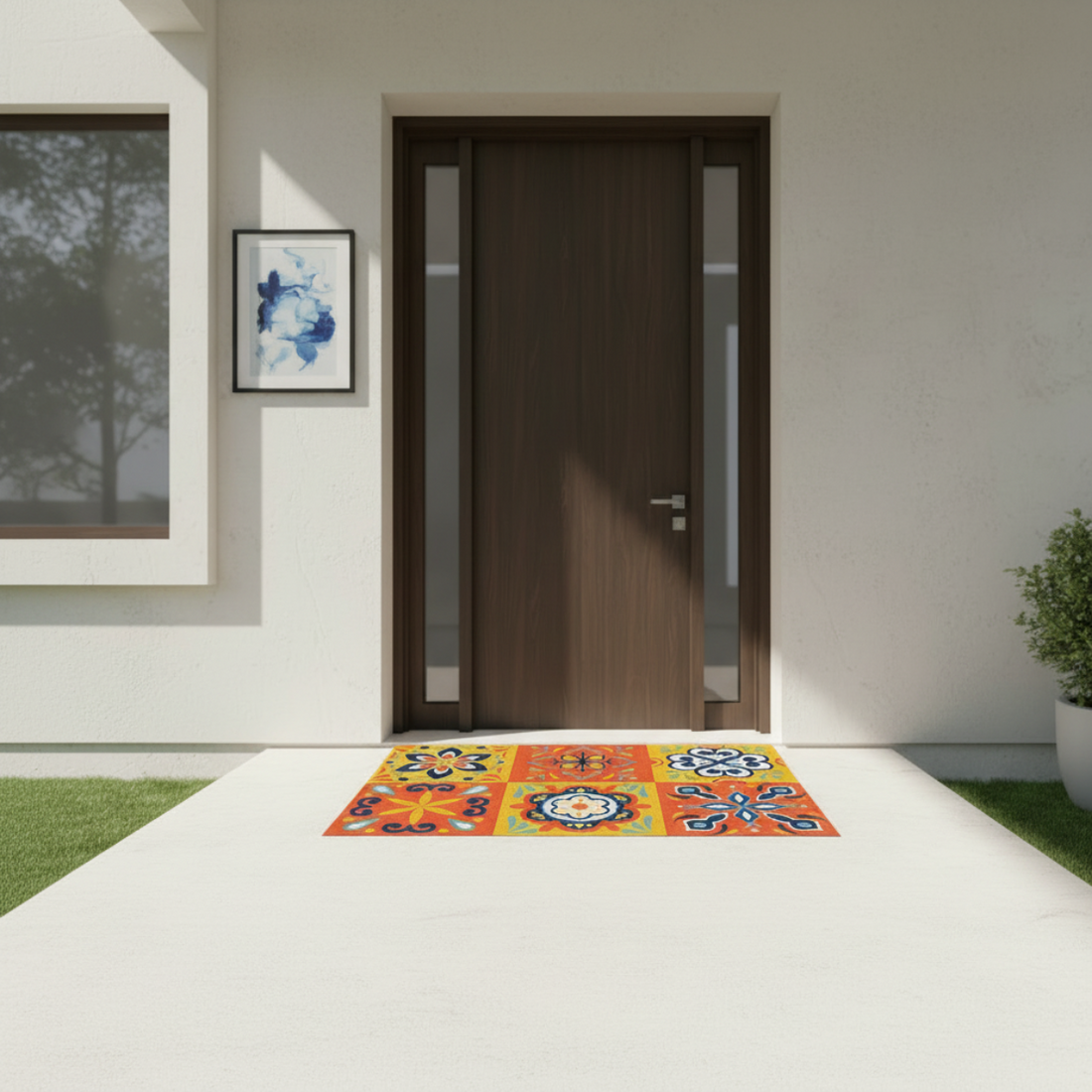 Colorful doormat with geometric pattern in front of a modern door.