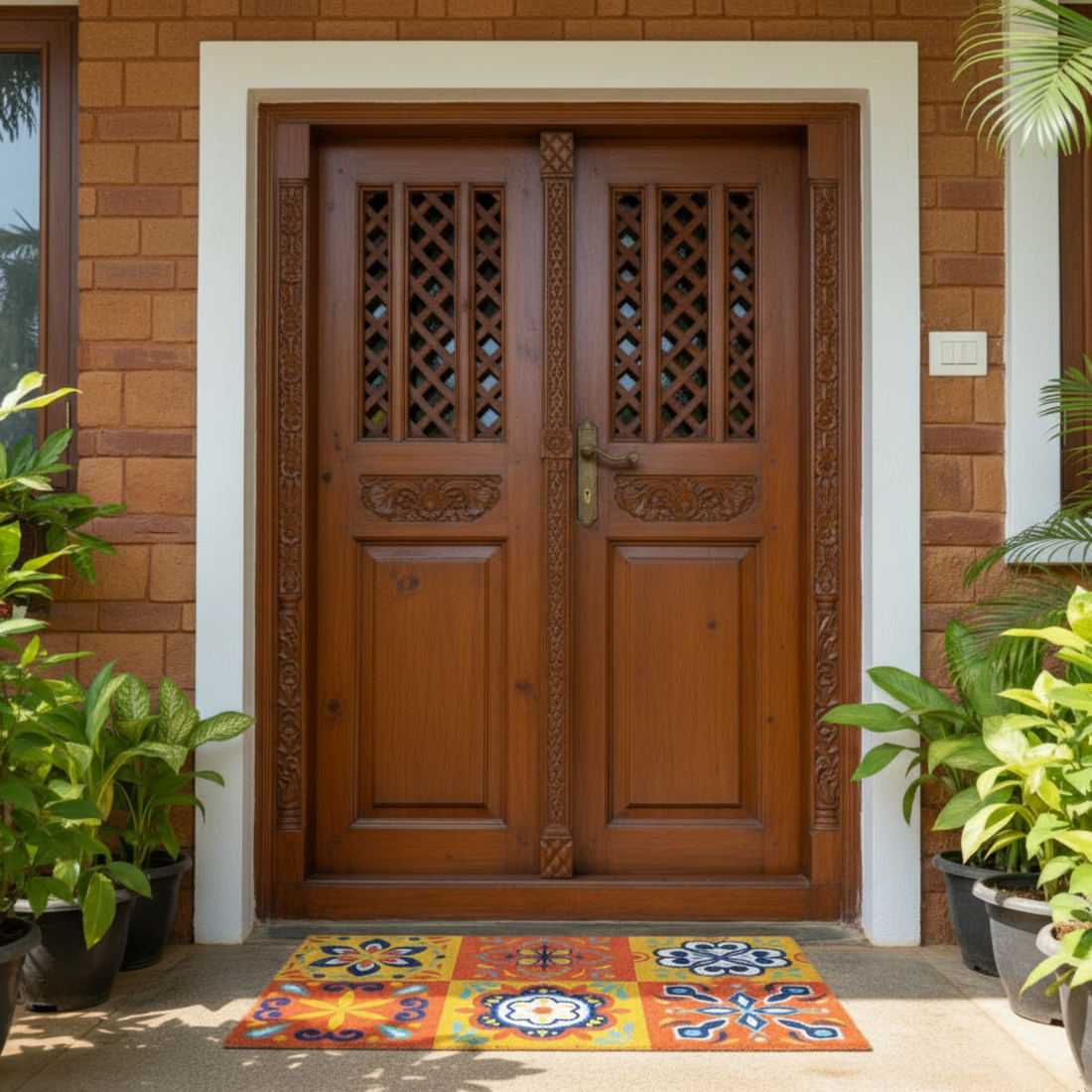 Decorative doormat with colorful patterns in front of a wooden door with decorative carvings, surrounded by potted plants.