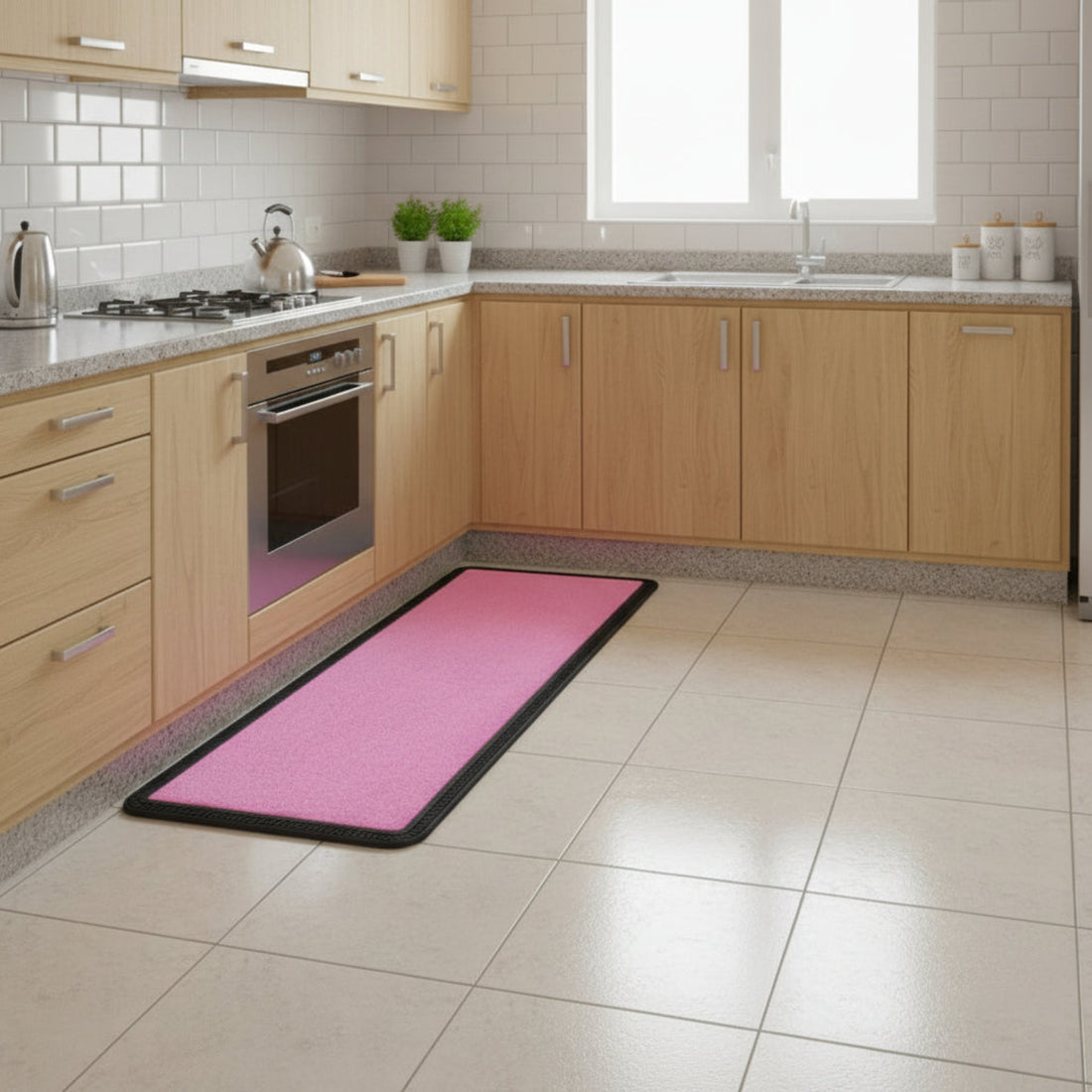 
                      
                        Pink kitchen mat on a tiled floor with wooden cabinets and appliances in the background.
                      
                    