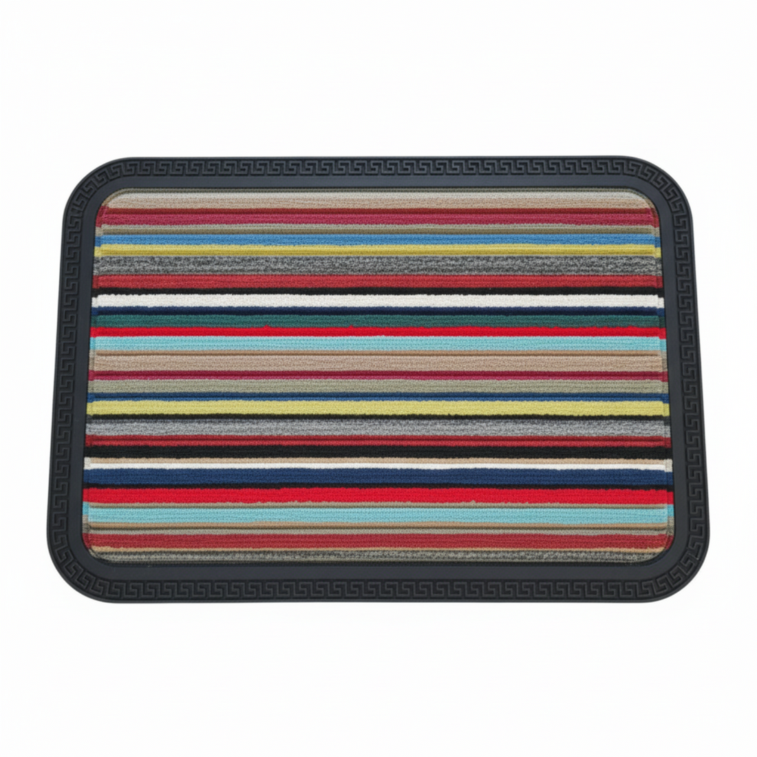
                      
                        Multicolored striped doormat with a black border on a white background
                      
                    