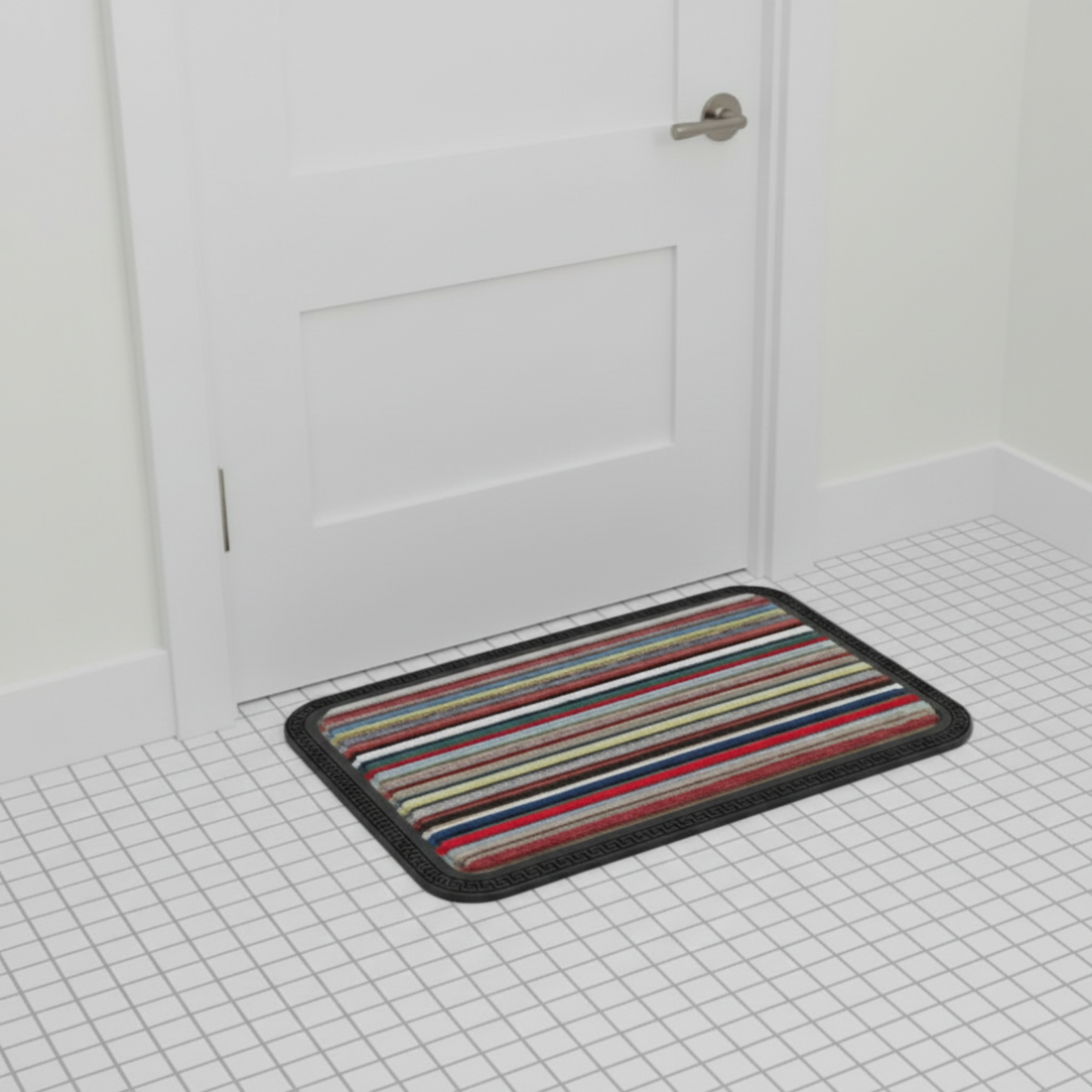 Multicolored striped bath mat on a tiled bathroom floor.