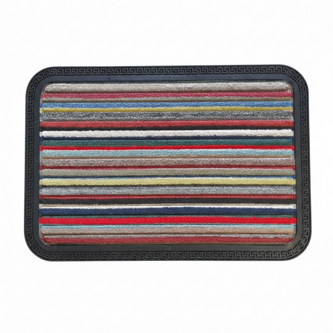 
                      
                        Rectangular mat with multicolored striped pattern on a white background
                      
                    