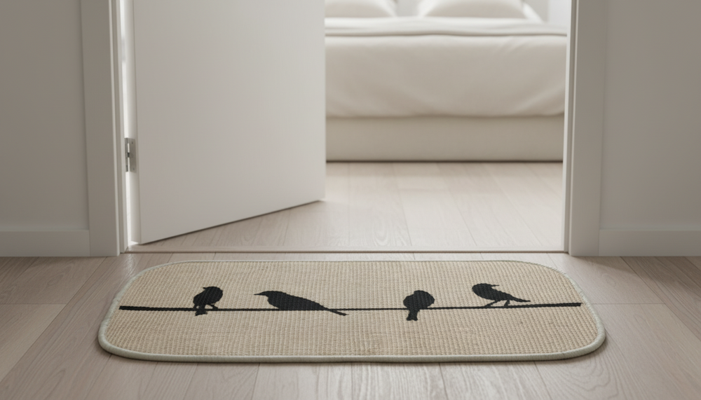 Beige doormat with black bird design on a wooden floor.