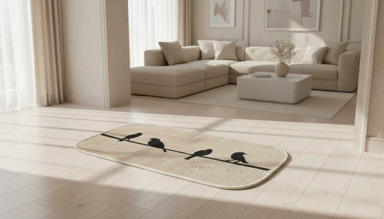 Beige rug with black bird design on a light wood floor in a living room.