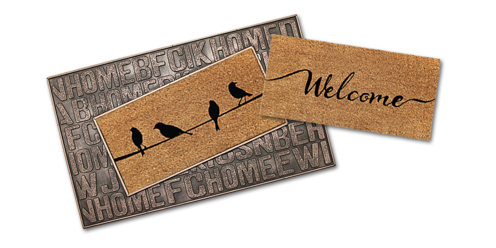 One rectangular metallic tray mat with two coir mat inserts. One mat has a design with birds and the other with the text 'WELCOME'.