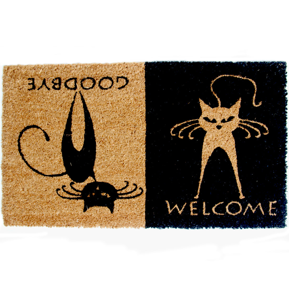Rectangular coir door mat with a black and white design featuring a cat and the text 'Welcome' on the bottom right corner.