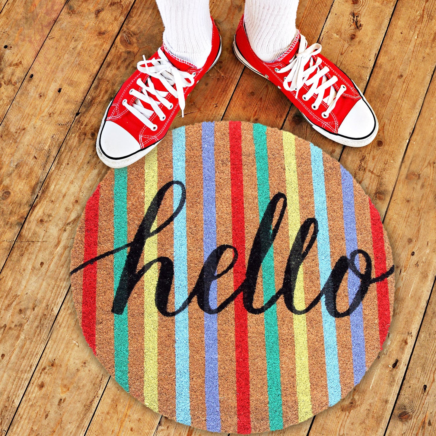 Colourful Multi-Color "Hello" printed Natural Coir Round Shape Mat - OnlyMat