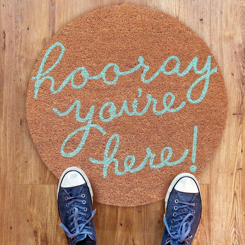Funny "Hooray, You are Here" Printed Round Shape Natural Coir Floor Mat - OnlyMat