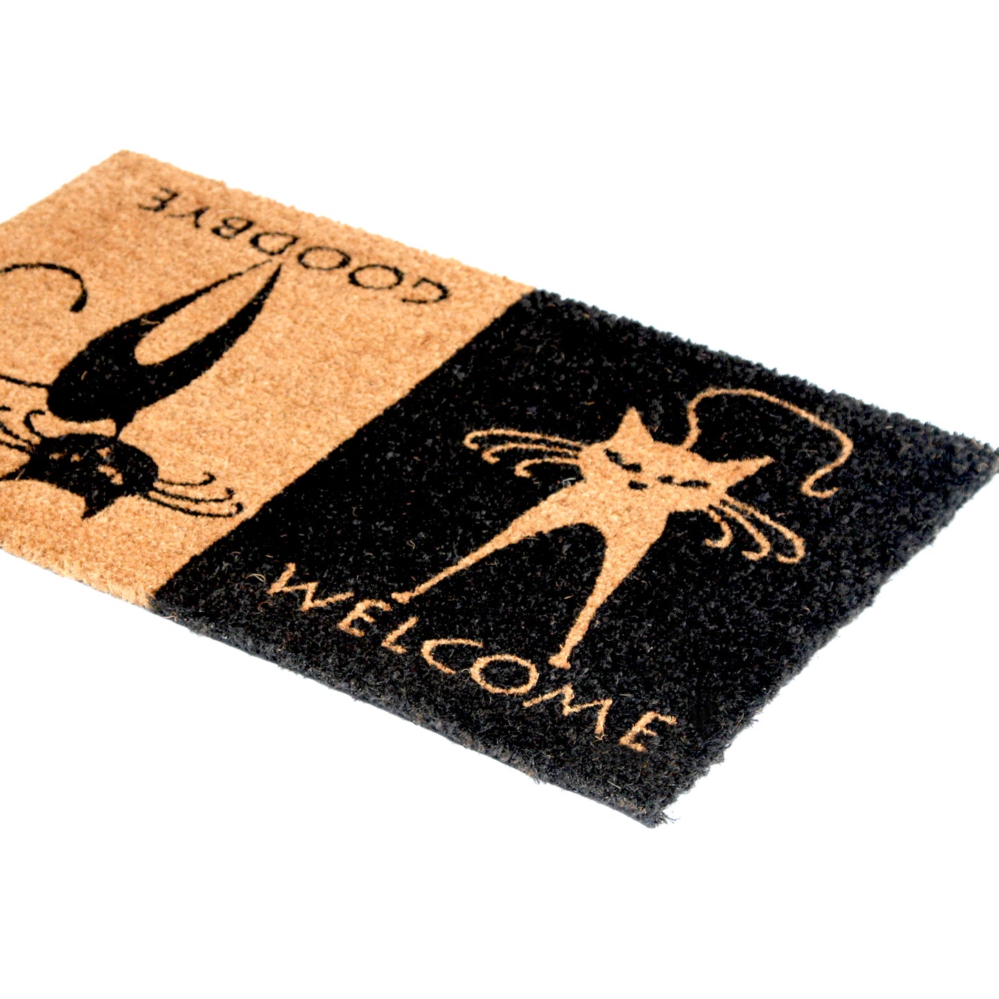 Brown and Black Colour "Welcome Goodbye" and Cat Printed Natural Coir Door Mat - OnlyMat