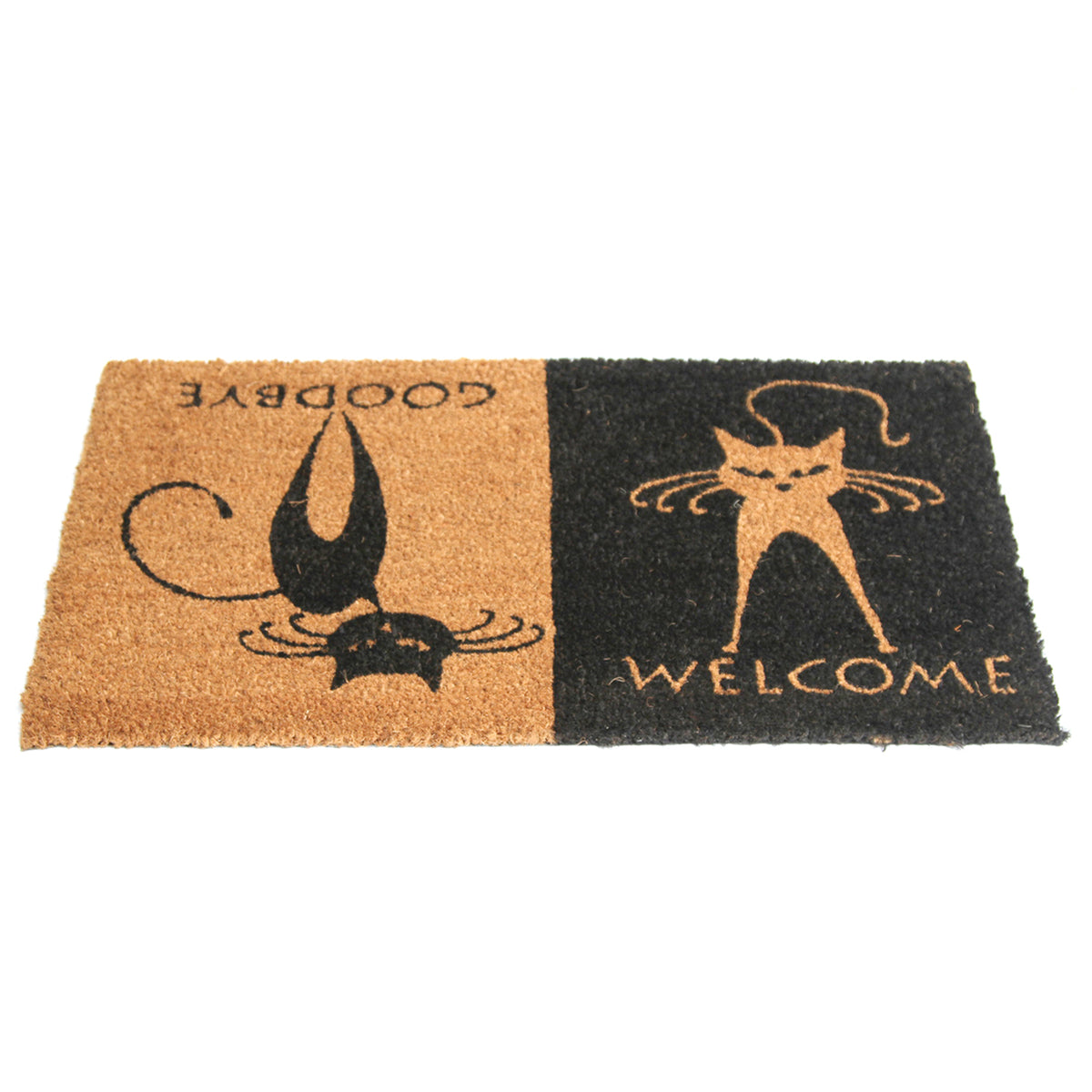 Brown and Black Colour "Welcome Goodbye" and Cat Printed Natural Coir Door Mat - OnlyMat
