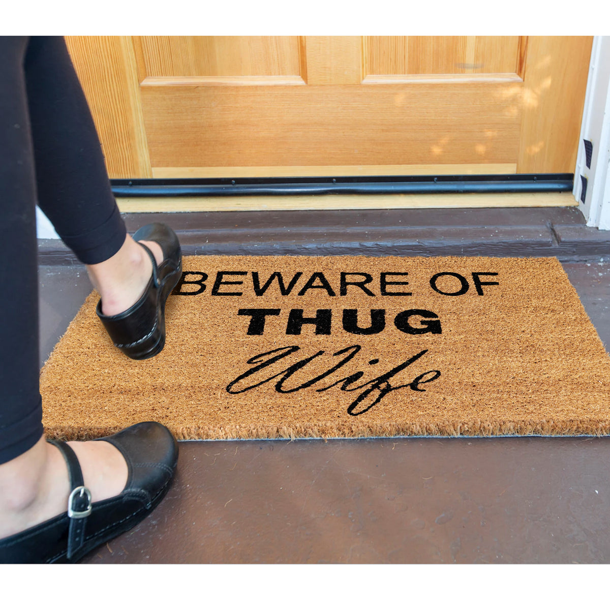 "Beware of Thug Wife" printed Natural Coir Funny Door Mat - OnlyMat