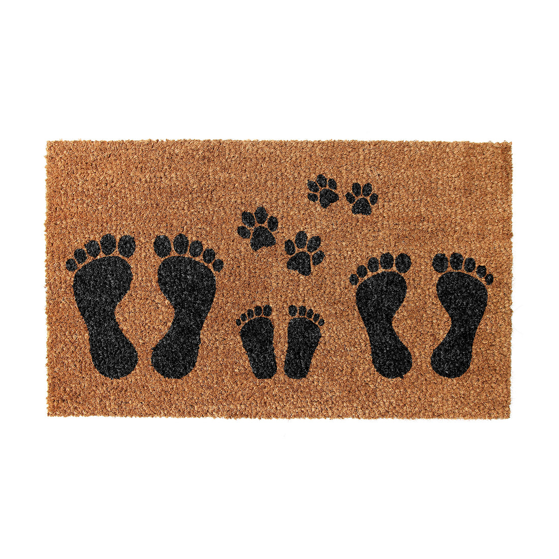 A rectangular natural coir floor mat with printed human footmarks and dog paw prints in a pattern.