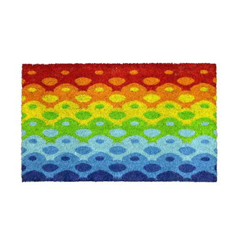 A rectangular coir mat with a multicolored geometric pattern, featuring a gradient of colors from yellow to blue.