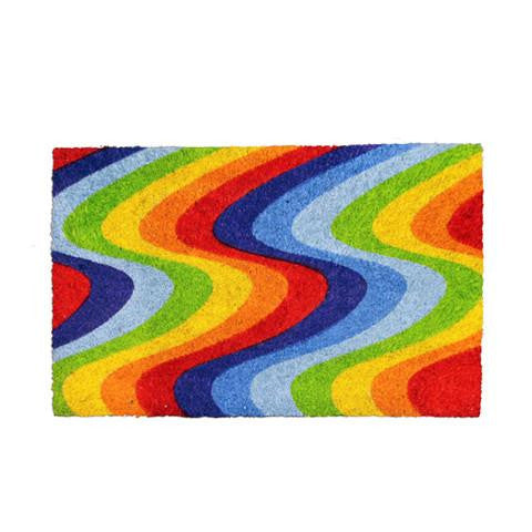 A multicoloured wave print coir door mat with a rectangular shape.