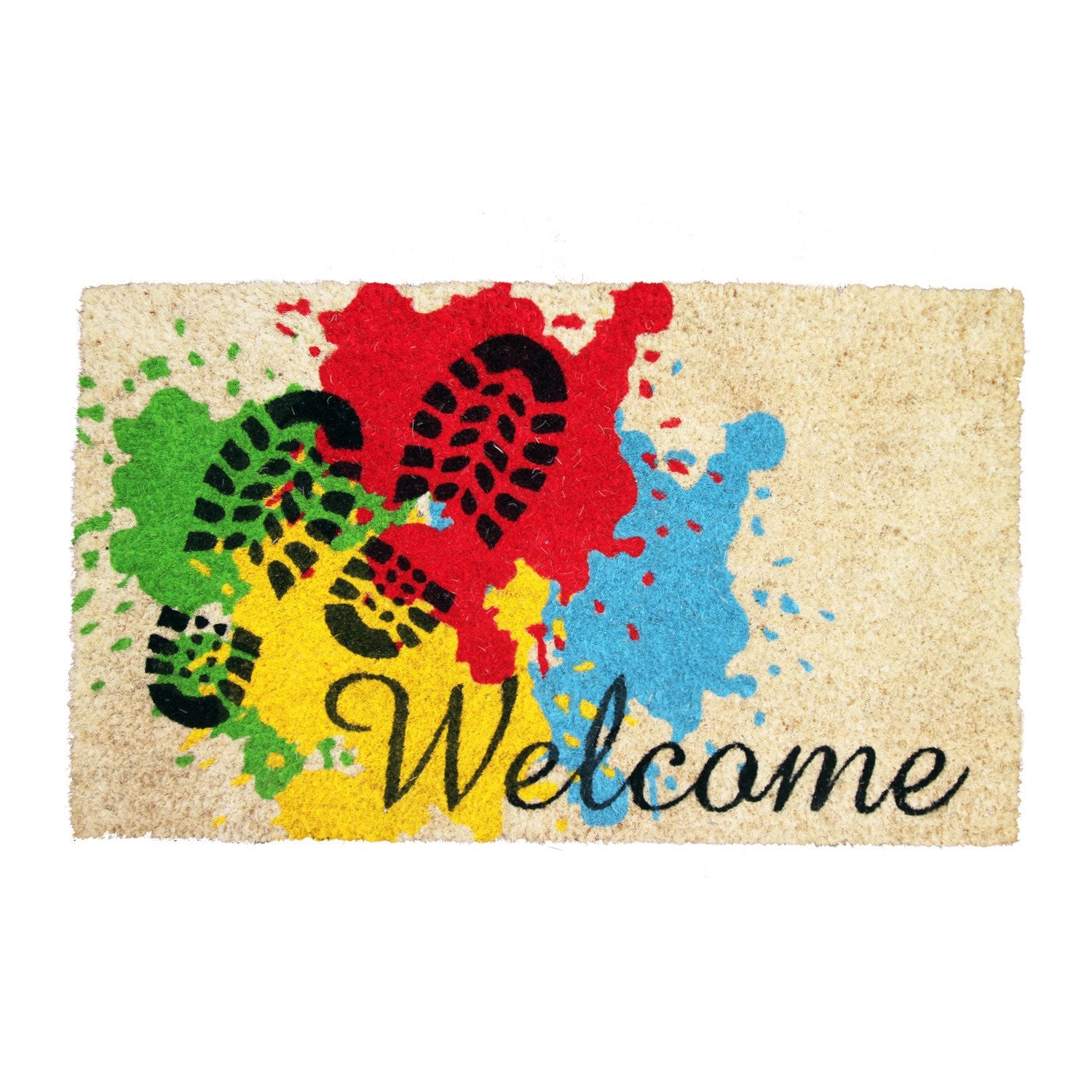 A rectangular coir door mat with a colorful splash design and the word 'WELCOME' in bold letters at the bottom.