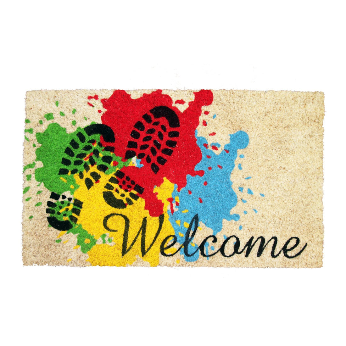 A rectangular coir door mat with a colorful splash design and the word 'WELCOME' in bold letters at the bottom.