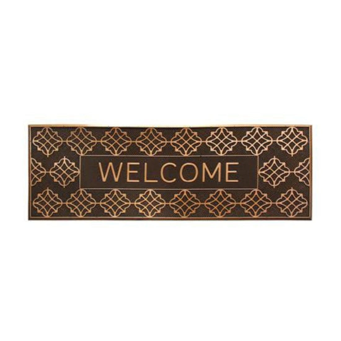 
                      
                        A rectangular brown rubber door mat with a metallic finish and the word 'WELCOME' embossed in the centre.
                      
                    