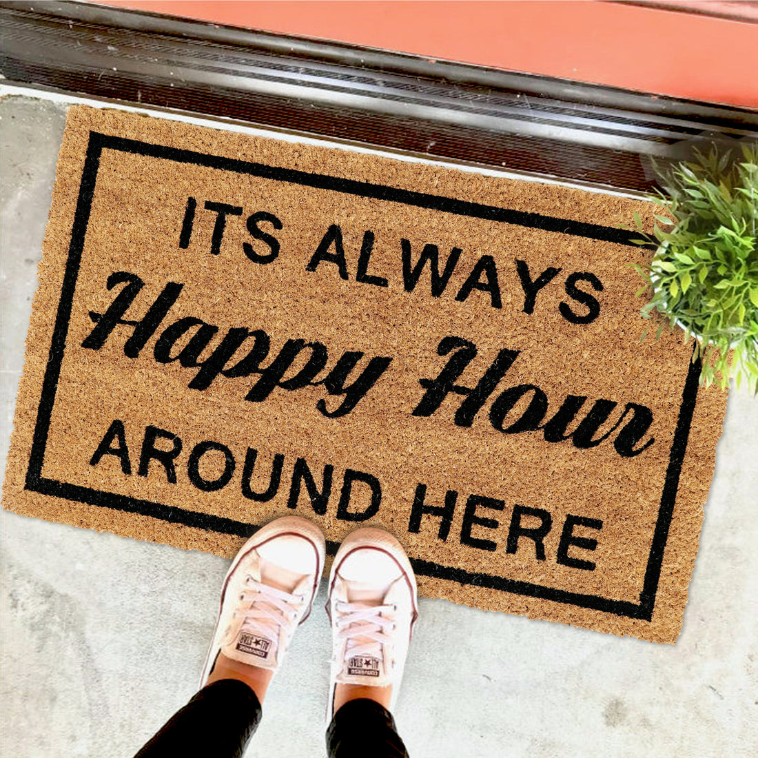 Funny "It's Always Happy Hour Around Here" Printed Natural Coir Floor Mat - OnlyMat